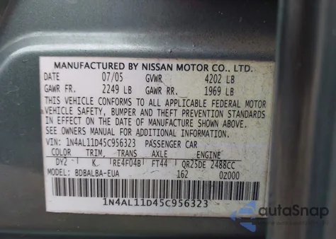 2005 Nissan Altima 2.5 S из США, поврежденный, VIN 1N4AL11D45C956323